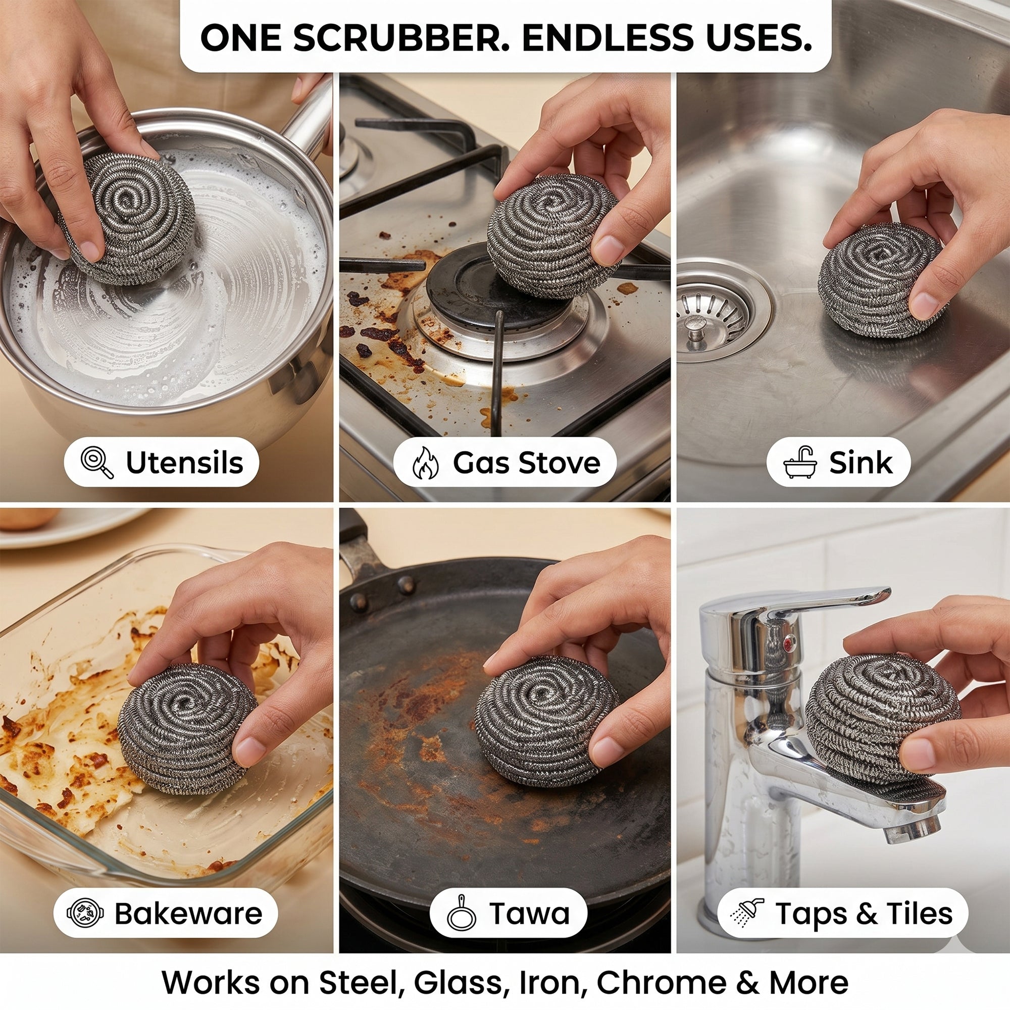 Pranay's Kleanup Stainless Steel Scrubber S 25 – 430 Grade Steel Scrubber for Utensils, Pots & Pans | Tough Scouring for Stubborn Grease & Burnt Food