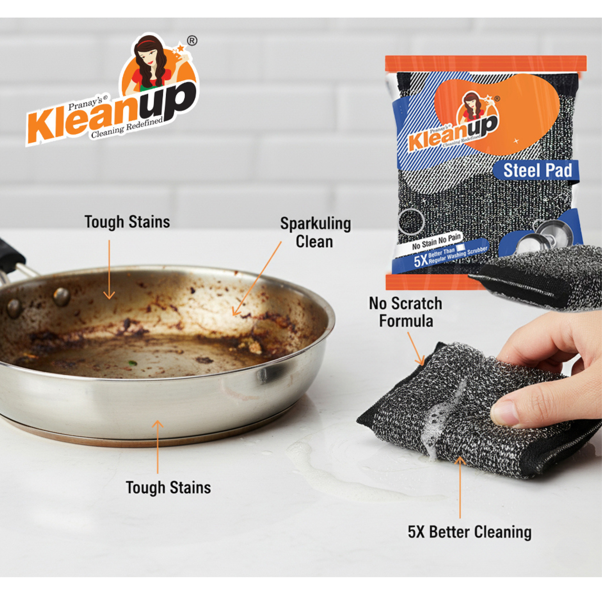 KleanUp Steel Pad — Steel-Mesh Utensil Scrubber, 5X Better Than Regular Scrubbers, No Stain No Pain