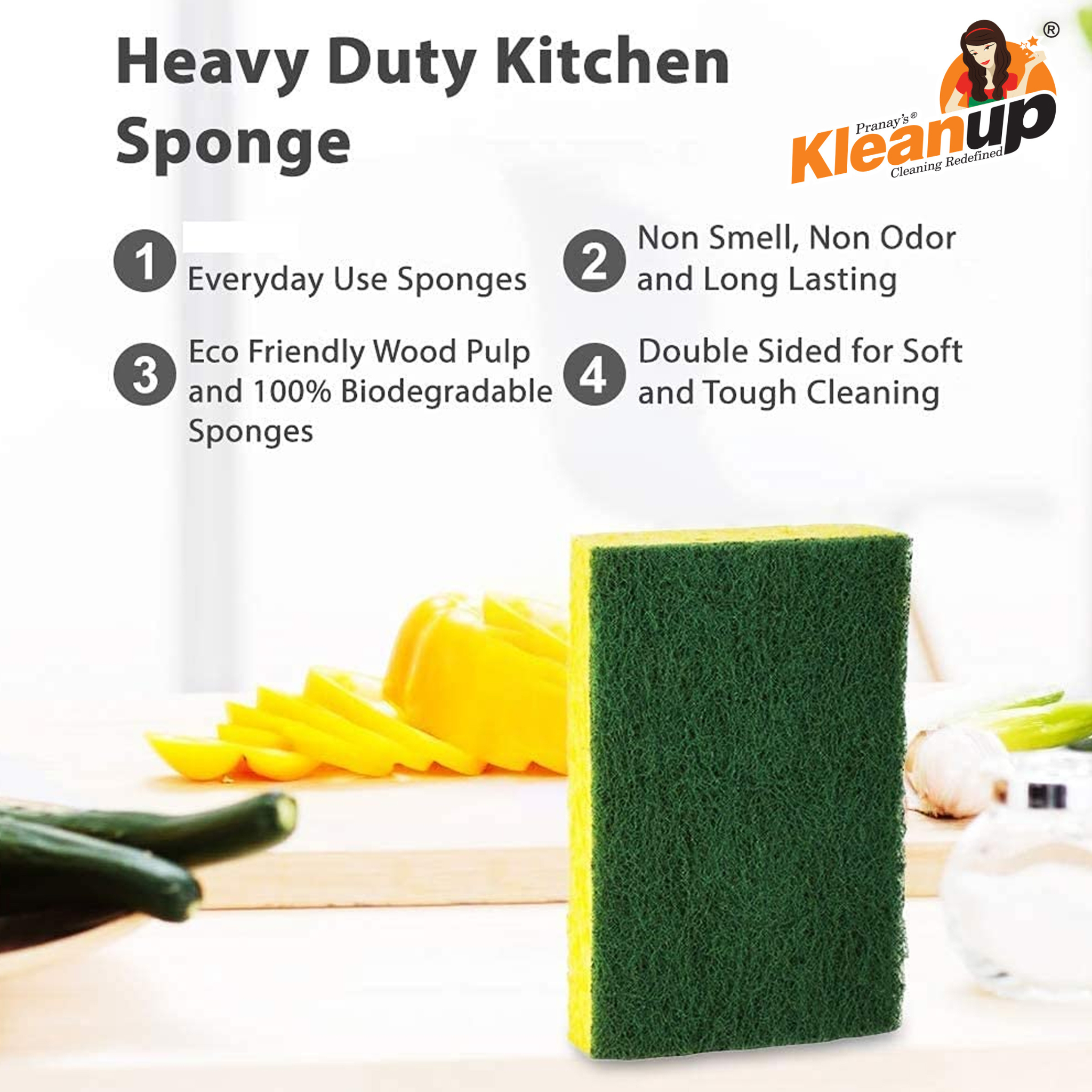 KleanUp Green Scrub Sponge — Dual-Sided Scrubber with Tough Green Pad & Soft Sponge for Dishes, Utensils & Surfaces