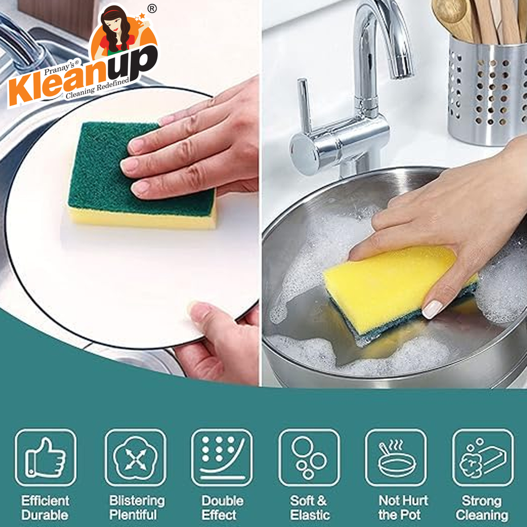 KleanUp Green Scrub Sponge — Dual-Sided Scrubber with Tough Green Pad & Soft Sponge for Dishes, Utensils & Surfaces