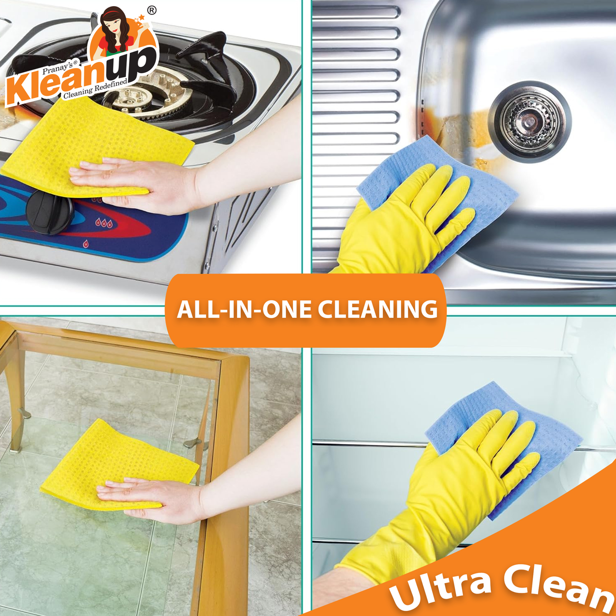 KleanUp Sponge Wipe (Pack of 5) — Super-Absorbent Cellulose Kitchen Cloth Wipes for Counters, Spills & Dishes
