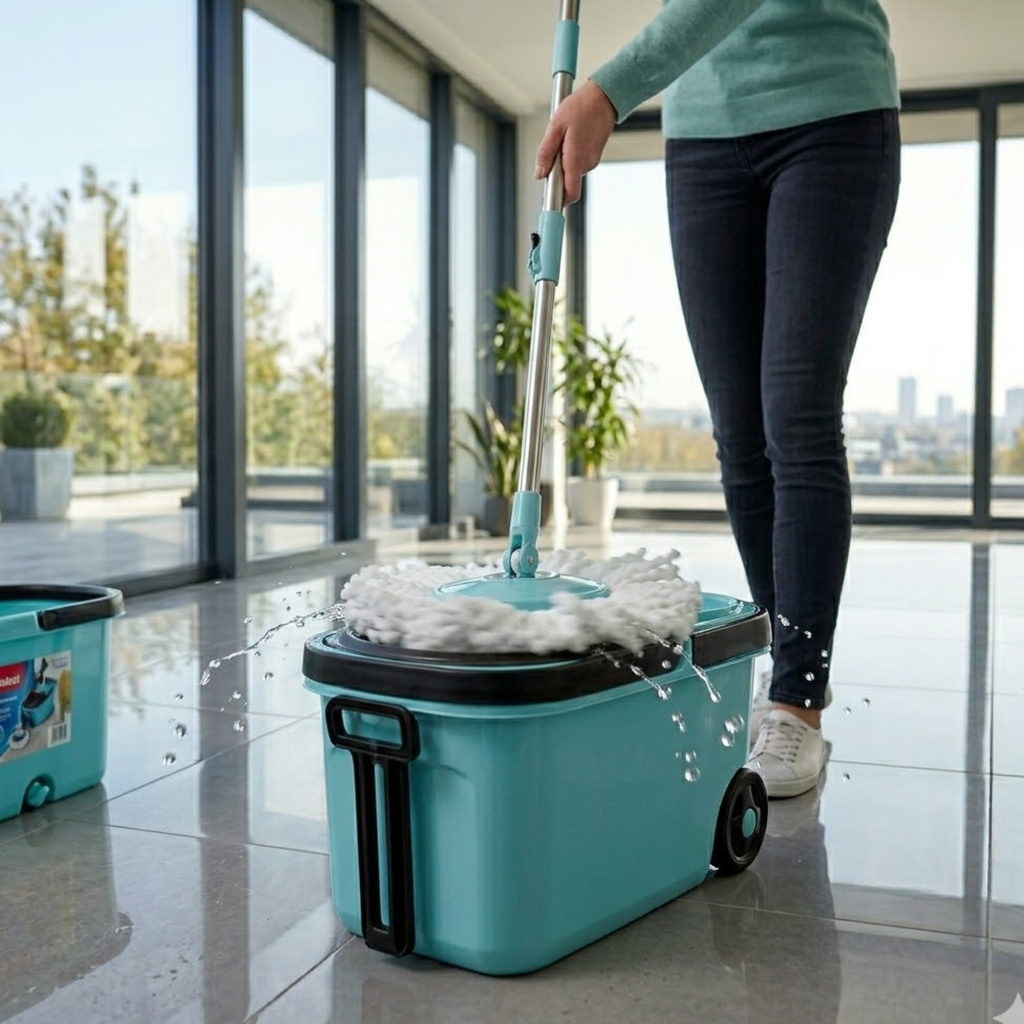 KleanUp Spin Mop 990 with Bucket & Wheels — 360° Self-Wringing Microfiber Mop, Wash & Dry Floor Cleaning System