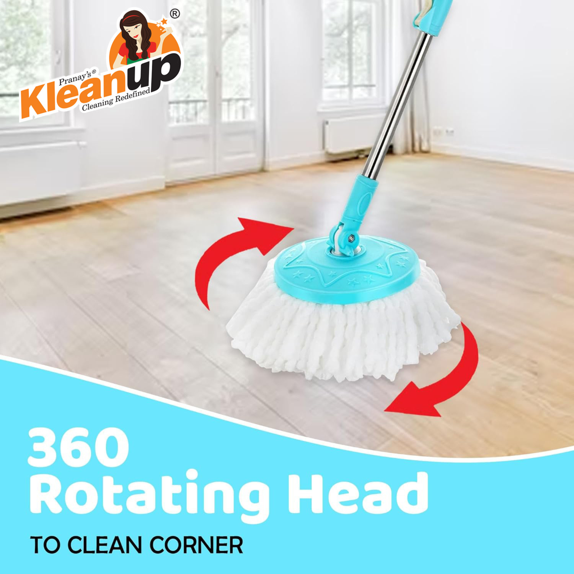 KleanUp Spin Mop with Bucket & Wheels (CU-950) — 360° Self-Wringing Microfiber Mop, Wash & Dry System