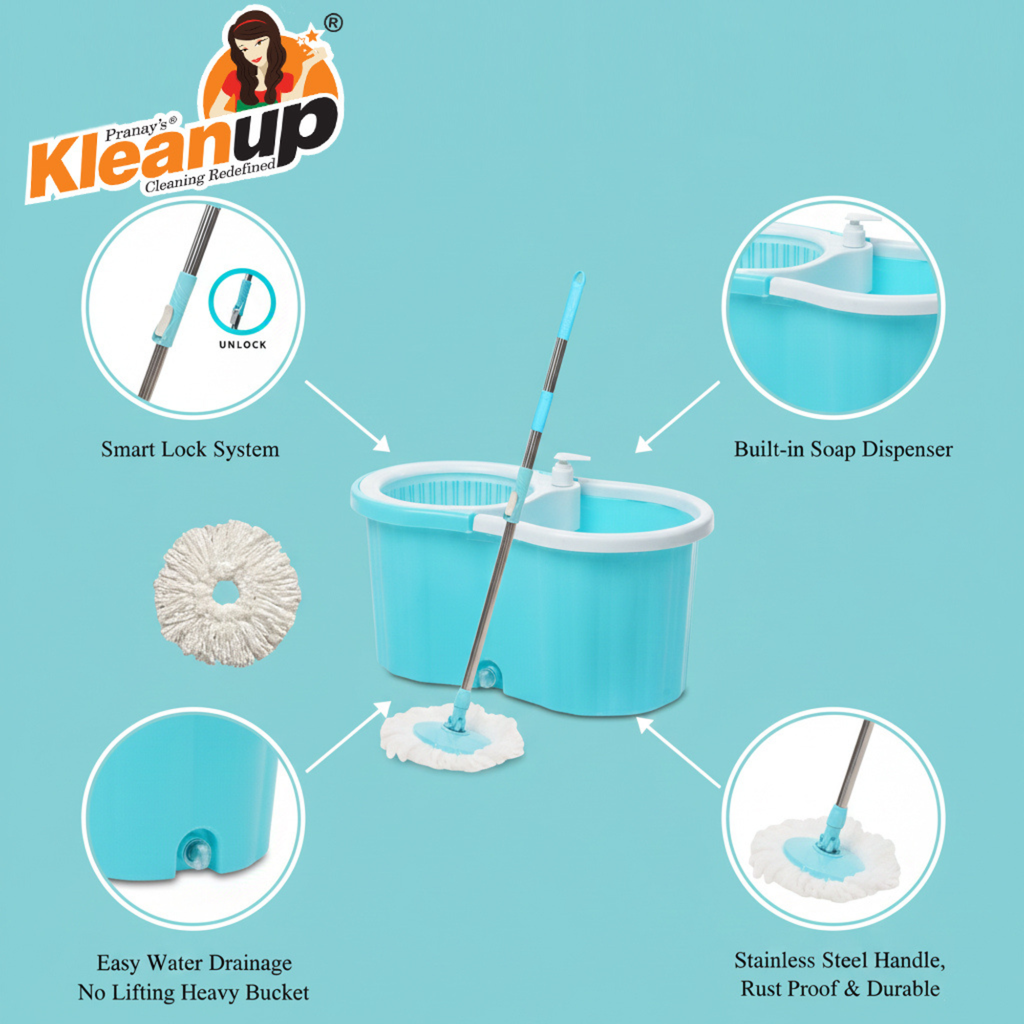 KleanUp Spin Mop CU-900 with Bucket & Wheels — 360° Self-Wringing Microfiber Mop, Wash & Dry System, 1 Year Warranty