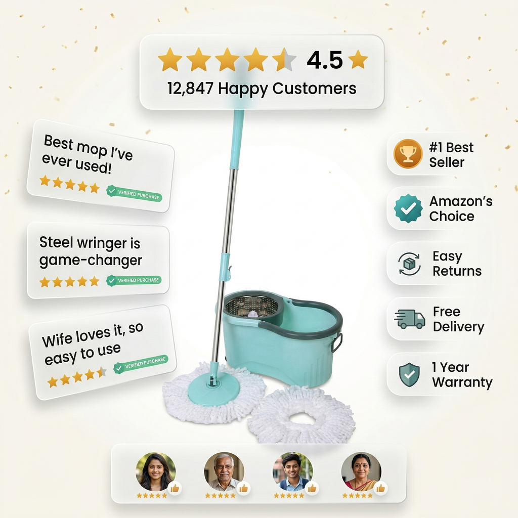 KleanUp Spin Mop CU-980 with Stainless-Steel Spin Basket & Wheels — 360° Self-Wringing Microfiber Mop, Wash & Dry System