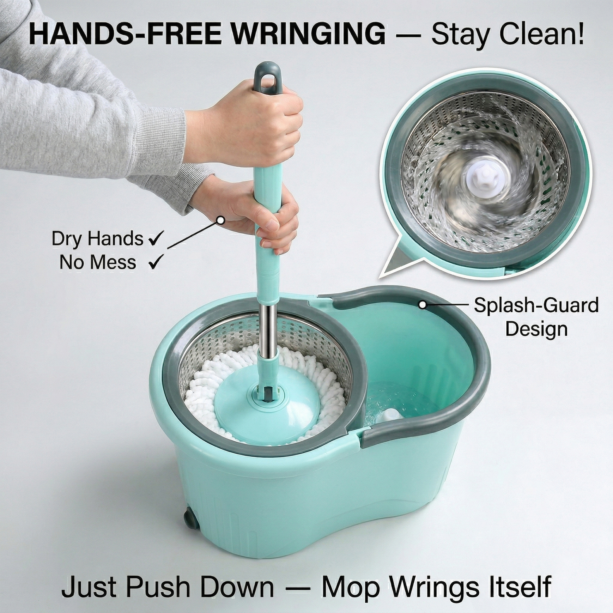 KleanUp Spin Mop CU-980 with Stainless-Steel Spin Basket & Wheels — 360° Self-Wringing Microfiber Mop, Wash & Dry System