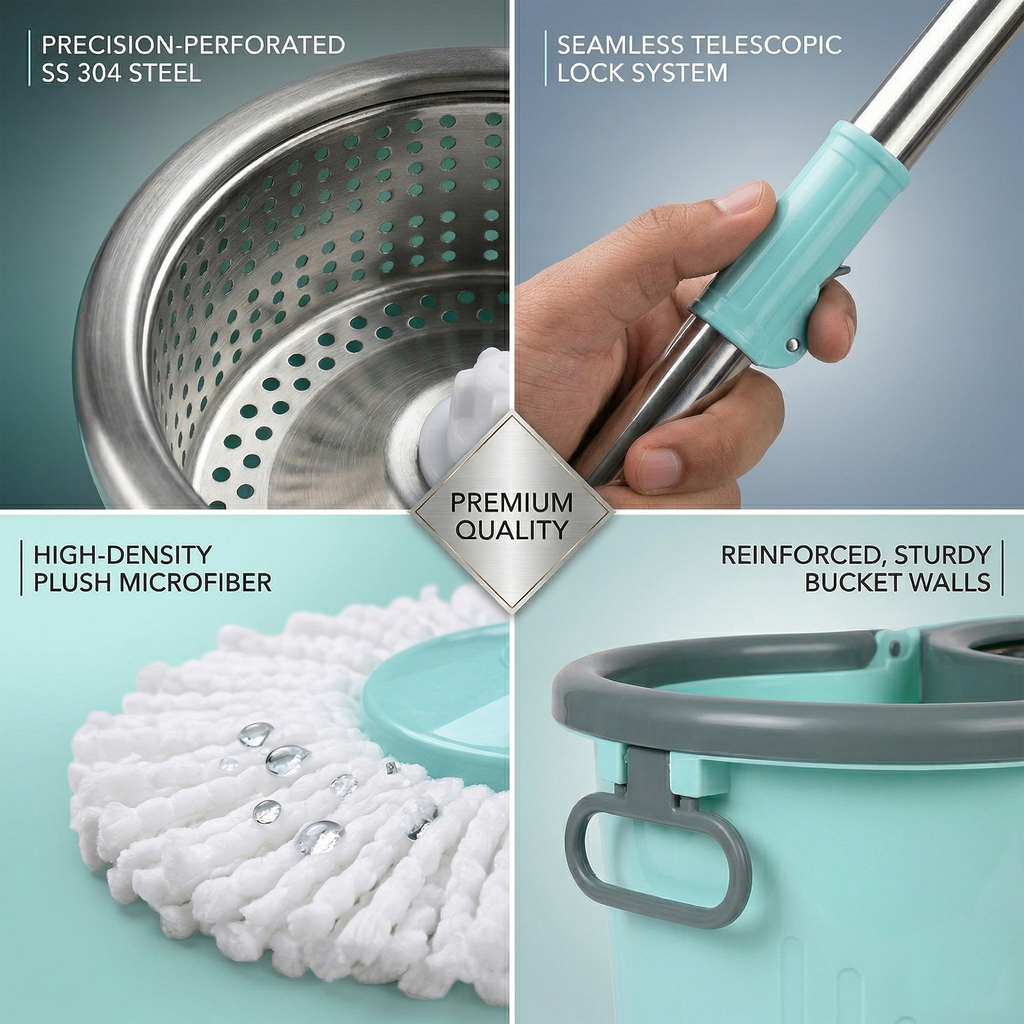 KleanUp Spin Mop CU-980 with Stainless-Steel Spin Basket & Wheels — 360° Self-Wringing Microfiber Mop, Wash & Dry System