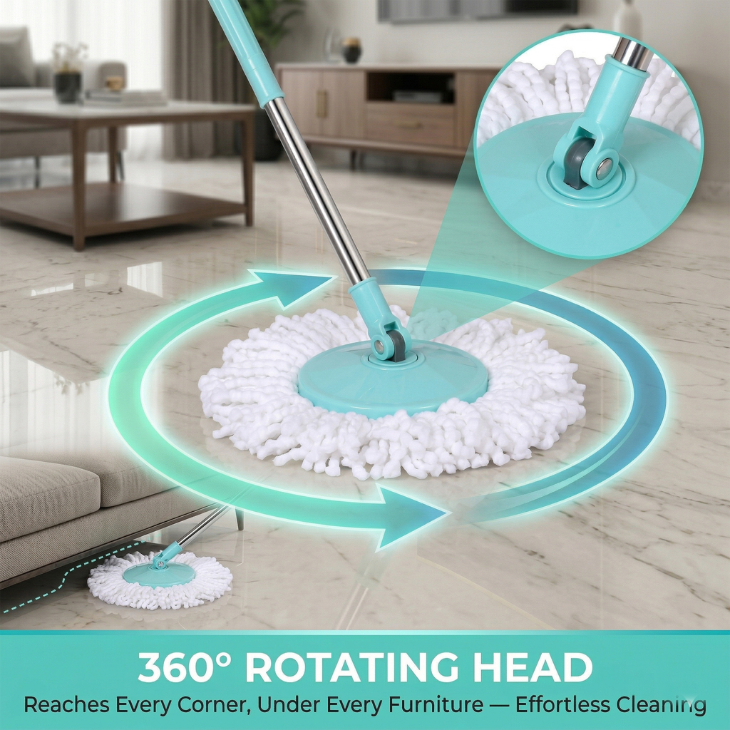 KleanUp Spin Mop CU-999 with Stainless-Steel Basket & Wheels — Premium 360° Self-Wringing Microfiber Mop, Wash & Dry System