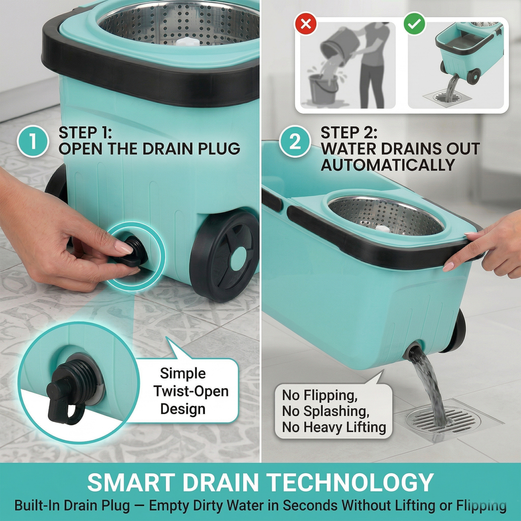 KleanUp Spin Mop CU-999 with Stainless-Steel Basket & Wheels — Premium 360° Self-Wringing Microfiber Mop, Wash & Dry System