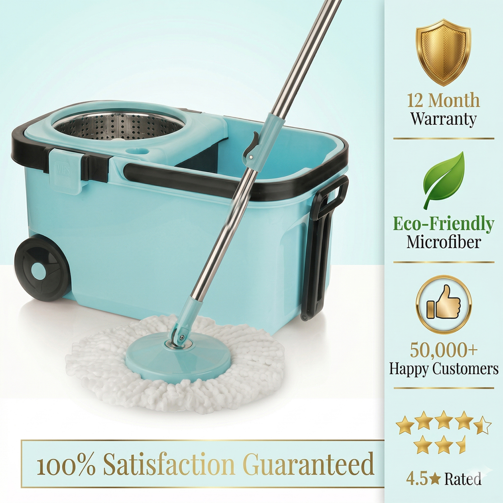 KleanUp Spin Mop CU-999 with Stainless-Steel Basket & Wheels — Premium 360° Self-Wringing Microfiber Mop, Wash & Dry System