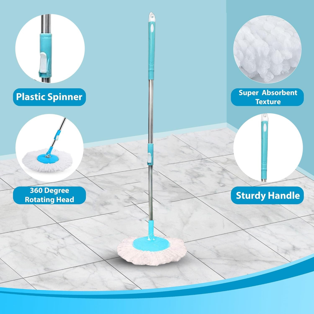 KleanUp Spin Mop Rod Set (Economy) — 360° Telescopic Pole with Microfiber Mop Head, Bucket-Free Refill Set