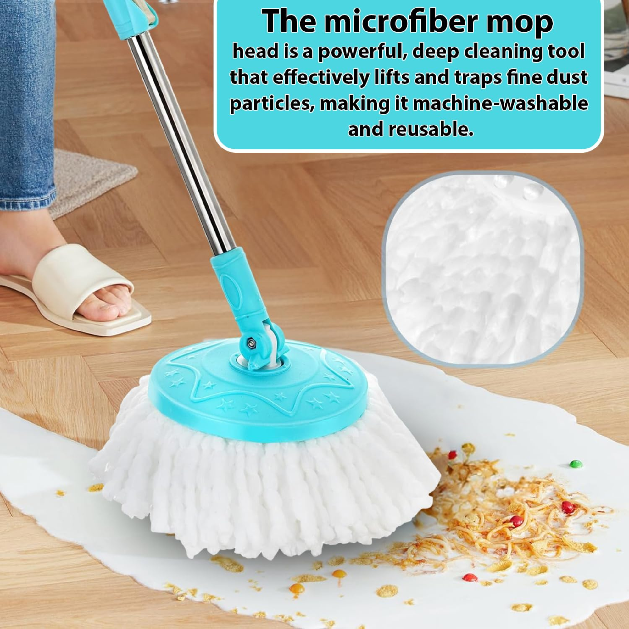 KleanUp Spin Mop Rod Set (Economy) — 360° Telescopic Pole with Microfiber Mop Head, Bucket-Free Refill Set